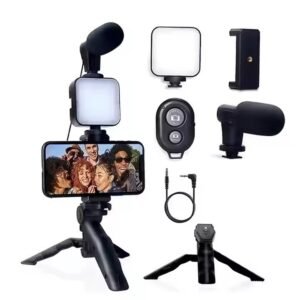 Kit Completo para Vlogging y Streaming | Soporte Trípode Estabilizador con Micrófono y Luz LED